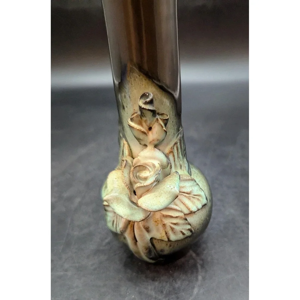 Vintage Lviv Ceramics Applied Flower Green Vase 7.25